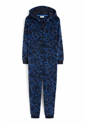 Fleece heldragt med hætte, der har et blåt og marineblåt zigzag-mønster. Lynlås foran og ribstrikkede manchetter ved anklerne. Blød tekstur.