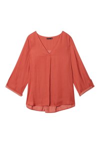 Blusa rosso-arancio con scollo a V, maniche a tre quarti e parte anteriore plissettata. Realizzata in un tessuto leggero con una superficie liscia.