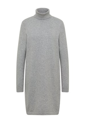 Vestido gris de cuello alto, confeccionado en suave tejido de punto. Silueta recta con mangas largas y un cuello acanalado. Diseño minimalista, sin patrones.