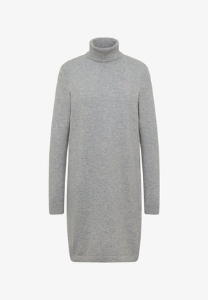 Szary swetrowy sukienka, wykonana z miękkiej dzianiny. Prosta sylwetka z długimi rękawami i ściągaczem przy kołnierzu. Minimalistyczny design, bez wzorów.