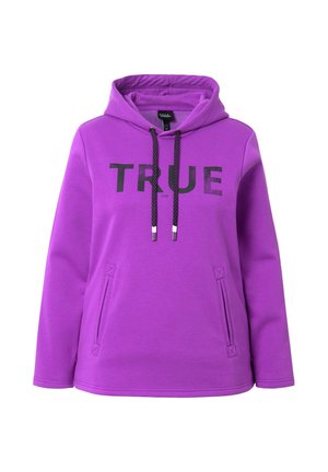 Felpa con cappuccio viola con la parola "TRUE" in nero, due tasche laterali e cordini regolabili con punte in argento.