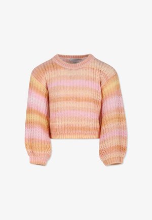 Maglione corto in stile uncinetto con righe orizzontali rosa, arancioni e gialle. Caratterizzato da un colletto rotondo e maniche a sbuffo.