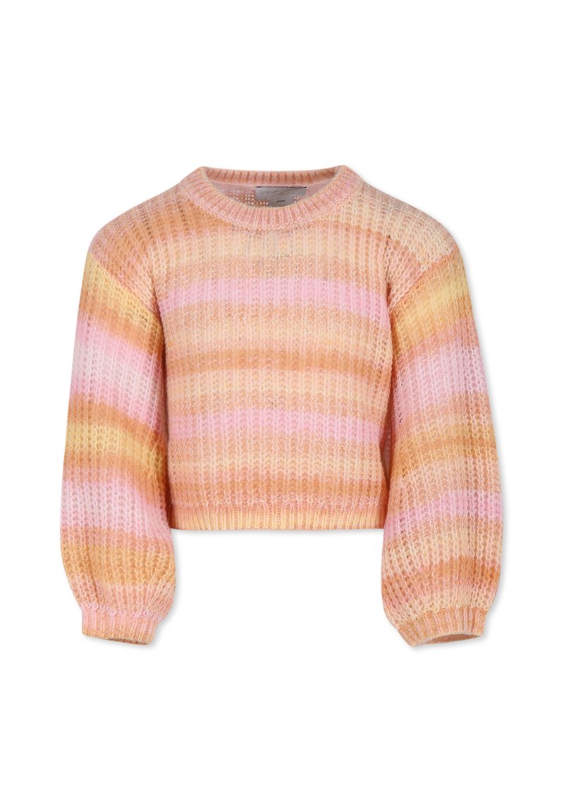 Pull court au style crochet avec des rayures horizontales roses, orange et jaunes. Présente un col rond et des manches bouffantes.