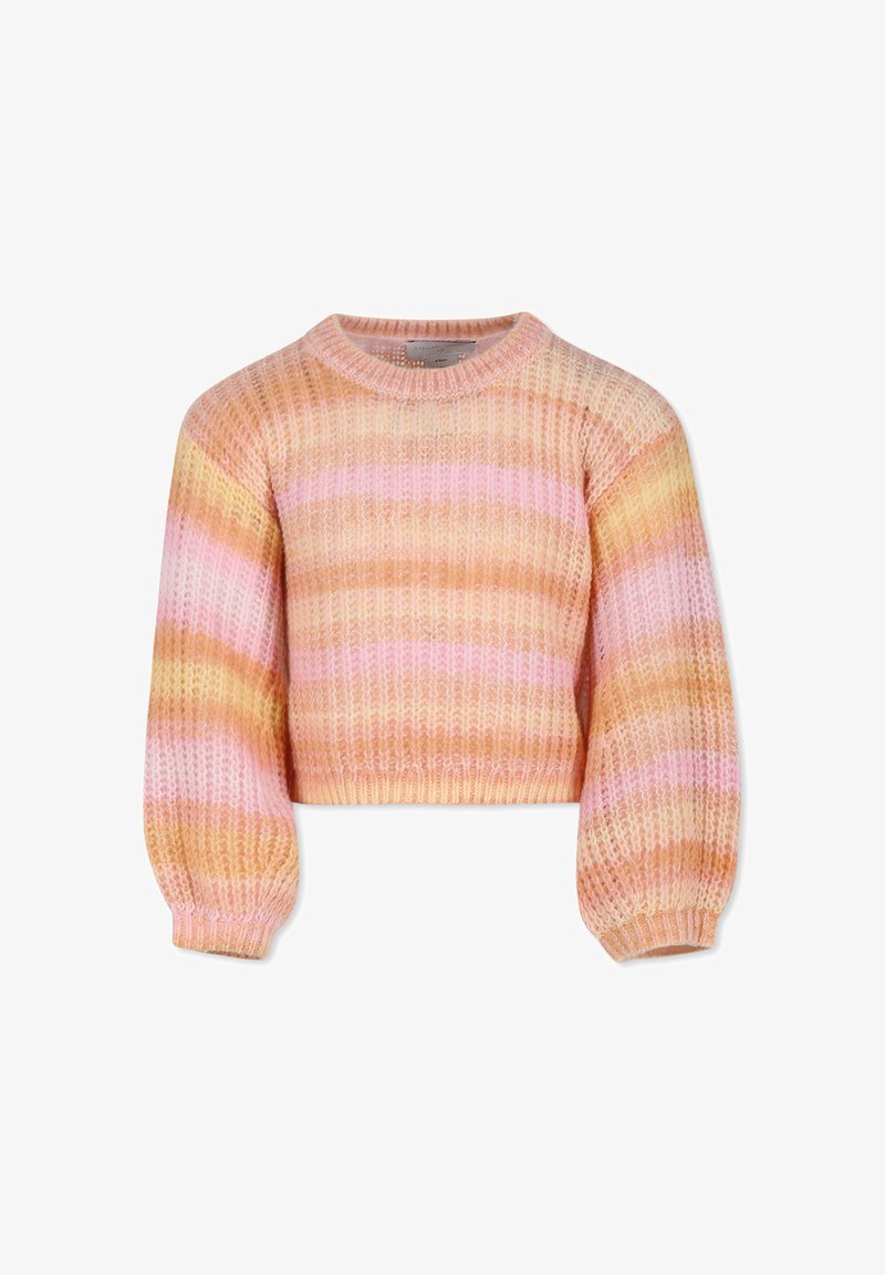 Pull court au style crochet avec des rayures horizontales roses, orange et jaunes. Présente un col rond et des manches bouffantes.