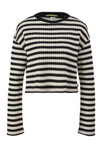 Pull court rayé noir et blanc avec un motif tricoté texturé, manches longues et un col rond côtelé noir. Accentué par une étiquette lumineuse.