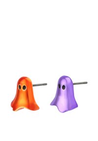 Twee spookvormige figuren in glanzend oranje en paarse kunststof, elk met zwarte ogen en gestileerde, vloeiende vormen.