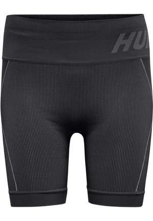 Black sports shorts made of ribbed fabric, featuring a wide waistband and contrast stitching on the sides. Designed for active wear.