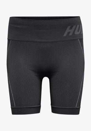 Schwarze Sportshorts aus geripptem Stoff, ausgestattet mit einem breiten Bund und Kontrastnähten an den Seiten. Entwickelt für aktive Freizeitkleidung.