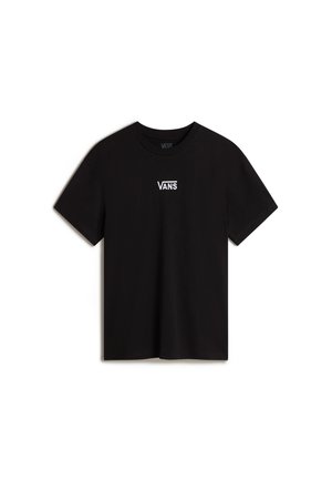 Svart bomullströja med korta ärmar, rund halsringning, med en vit broderad "VANS"-logotyp på bröstet. Enkel, klassisk design.