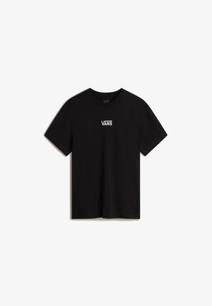 T-shirt en coton noir avec des manches courtes, col rond, arborant un logo "VANS" brodé en blanc sur la poitrine. Design simple et classique.