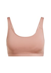 Bralette rosa claro con una tela suave y elástica, que cuenta con tirantes anchos y un escote redondeado para mayor comodidad y soporte.