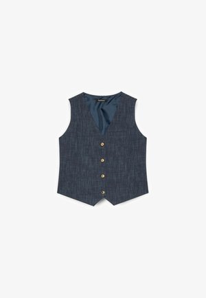 Gilet bleu foncé en tissu texturé, col en V profond, avec cinq boutons dorés sur le devant. Sans manches, bords inférieurs nets.