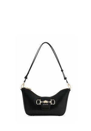 Schwarze Schultertasche mit goldfarbenen Metallakzenten, verstellbarem Riemen und "GUESS"-Logo auf dem vorderen Verschlussdetail.