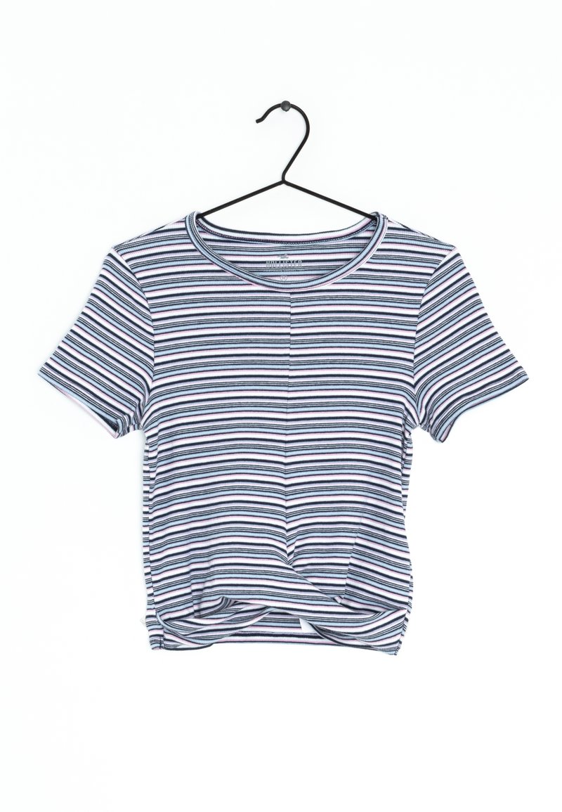 Striped short-sleeve T-shirt in navy, white, and light pink. Rounded neckline with knotted detail at the hem. Soft, cotton fabric.