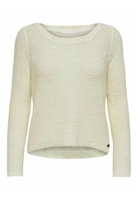 Cremfarbener Strickpullover mit Rundhalsausschnitt, langen Ärmeln und einem leicht abgerundeten Saum. Hat ein strukturiertes Muster und gerippte Ärmelabschlüsse.