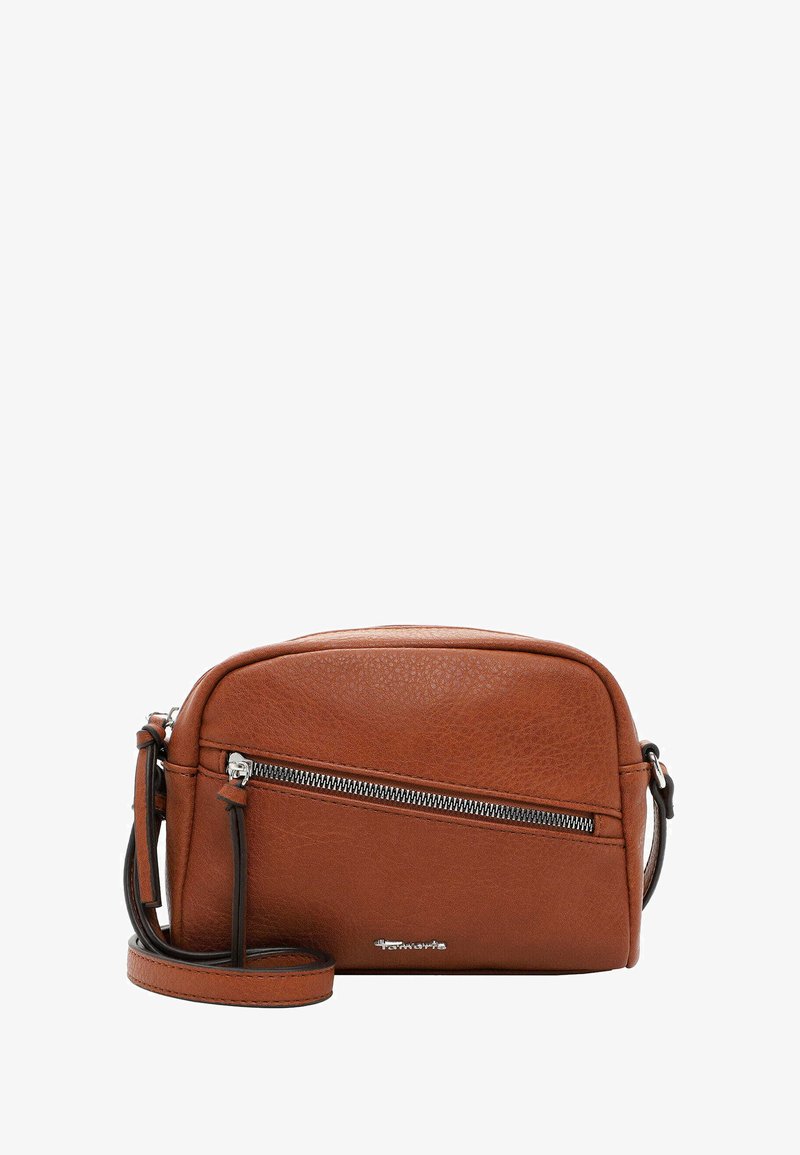 Borsa a tracolla in pelle marrone con finitura textured, forma arrotondata, tasca frontale con zip e tracolla rimovibile.