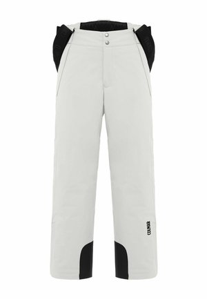 Weiße Skihose mit schwarzen Akzenten, gefertigt aus einem glatten, wasserabweisenden Material. Verfügt über zwei Vordertaschen und einen verstellbaren Bund.