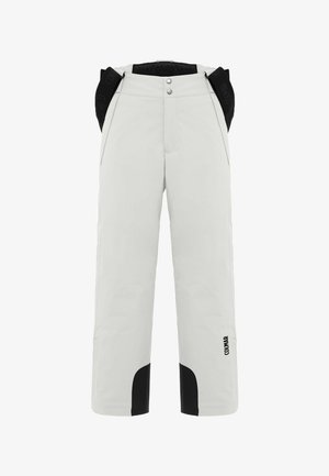 Bijele skijaške hlače s crnim detaljima, izrađene od glatkog, vodootpornog materijala. Imaju dva prednja džepa i podesivi pojas.