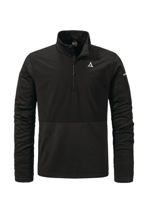 Schwarzer Quarter-Zip-Pullover aus weichem Material; verfügt über eine kontrastierende Textur, schlanke Passform und ein kleines Logo auf der Brust und dem Ärmel.