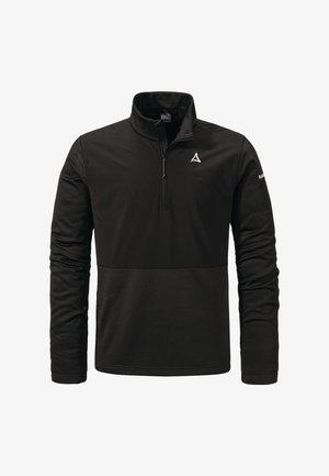Schwarzer Quarter-Zip-Pullover aus weichem Material; verfügt über eine kontrastierende Textur, schlanke Passform und ein kleines Logo auf der Brust und dem Ärmel.