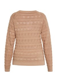 Pulover bej deschis, cu o textură tricotată și modele decorative. Dispune de un gât rotund și mâneci lungi cu manșete și tiv ribelate.