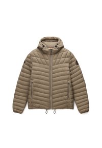 Giacca imbottita con cappuccio di colore beige, caratterizzata da una trama trapuntata, chiusura zip frontale, due tasche laterali e cordini regolabili all'orlo.