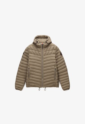 Beige gevoerde hooded jack met een quilted ontwerp, rits aan de voorkant, twee zijzakken en verstelbare trekkoorden aan de onderkant.