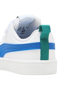 Zapatillas blancas con una franja azul y una lengüeta trasera en color azul verdoso, con material sintético liso y acentos texturizados en los lados.