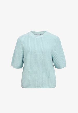 Pull tricoté bleu clair avec manches courtes légèrement bouffantes et encolure ronde. Tissu texturé avec des détails côtelés sur toute la surface.