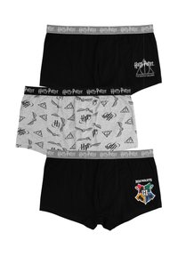 Tre paia di boxer Harry Potter a tema, con simboli dei Doni della Morte, il crest di Hogwarts e loghi di Harry Potter ripetuti sui cinturini.