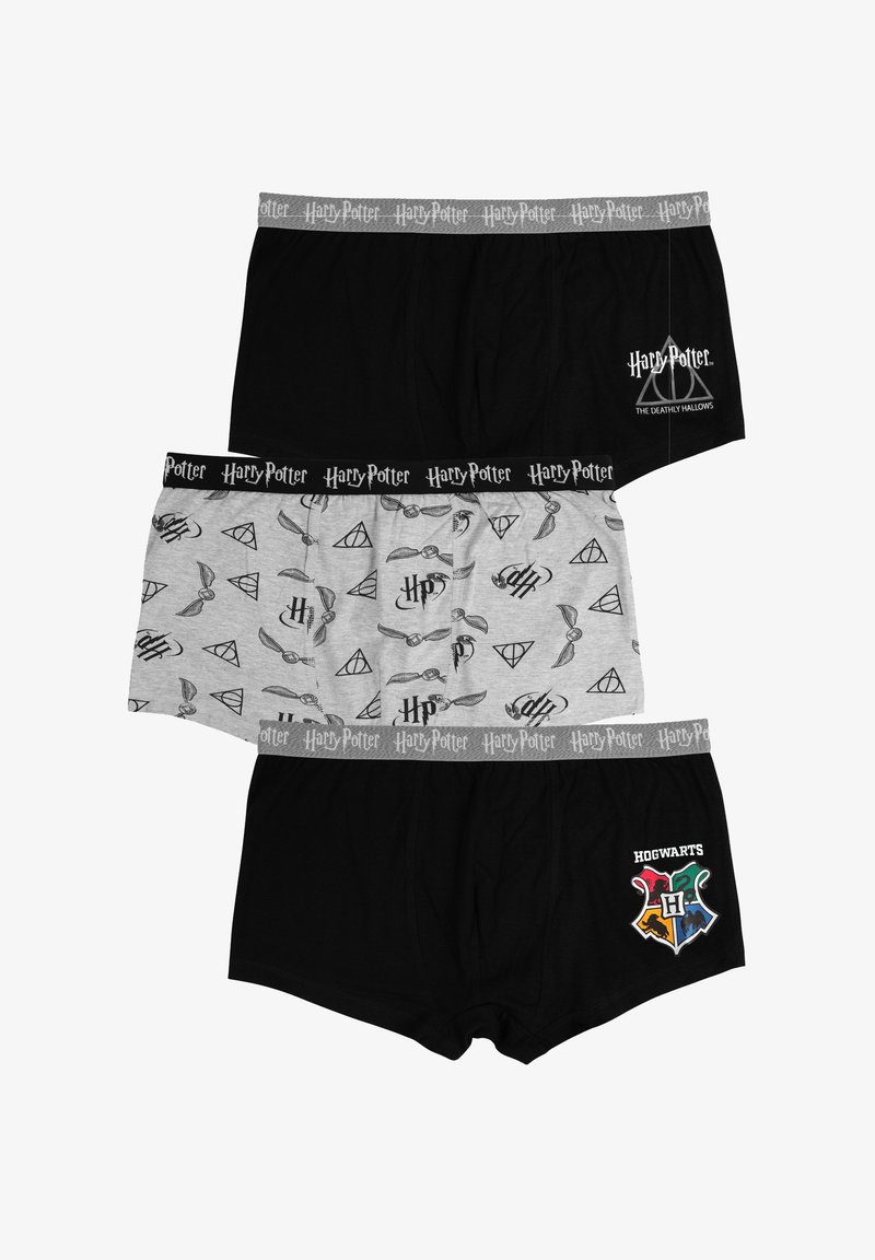 Tre paia di boxer Harry Potter a tema, con simboli dei Doni della Morte, il crest di Hogwarts e loghi di Harry Potter ripetuti sui cinturini.