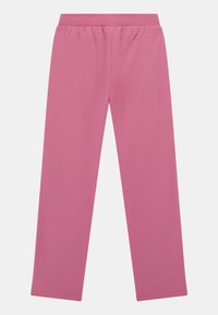 Pantalons en coton rose avec un design à jambe droite et une taille élastique. Texture lisse sans motifs visibles ni détails matériels.