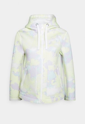 Veste à capuche zippée avec motif nuages pastel jaune pâle et violet clair, poches avant zippées, et cordons blancs.