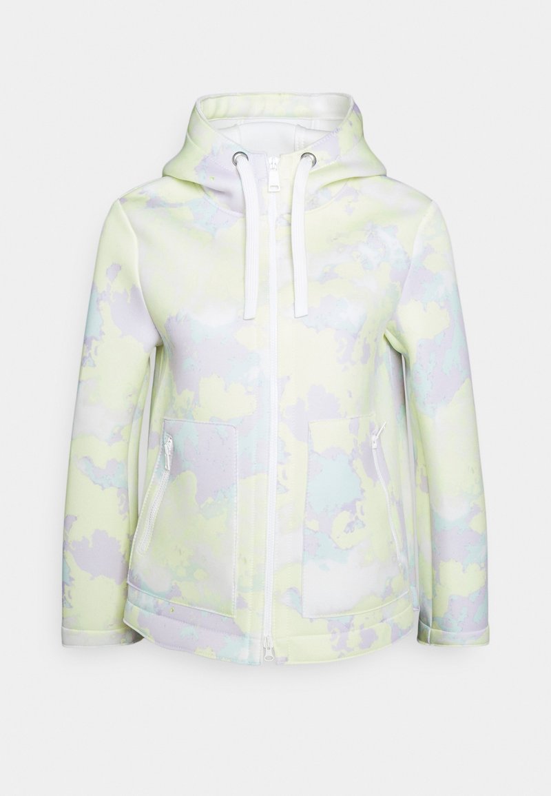 Veste à capuche zippée avec motif nuages pastel jaune pâle et violet clair, poches avant zippées, et cordons blancs.