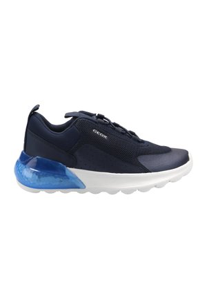 Navy GEox sneakers featuring a textured upper, breathable mesh areas, and a blue translucent sole with rounded white cushioning.