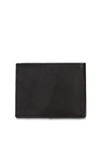 Portafoglio nero in pelle con texture liscia, forma rettangolare e dettagli cuciti. Presenta un design semplice e minimalista.