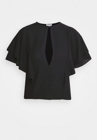 Blusa nera a maniche corte con maniche arricciate e un'apertura a forma di chiave verticale sulla parte anteriore, scollo a girocollo e vestibilità sartoriale.