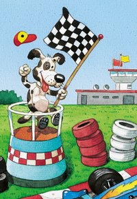 Cartoon dog with a spotted coat holds a checkered flag, standing in a blue and white barrel among colorful racing tires on green grass.