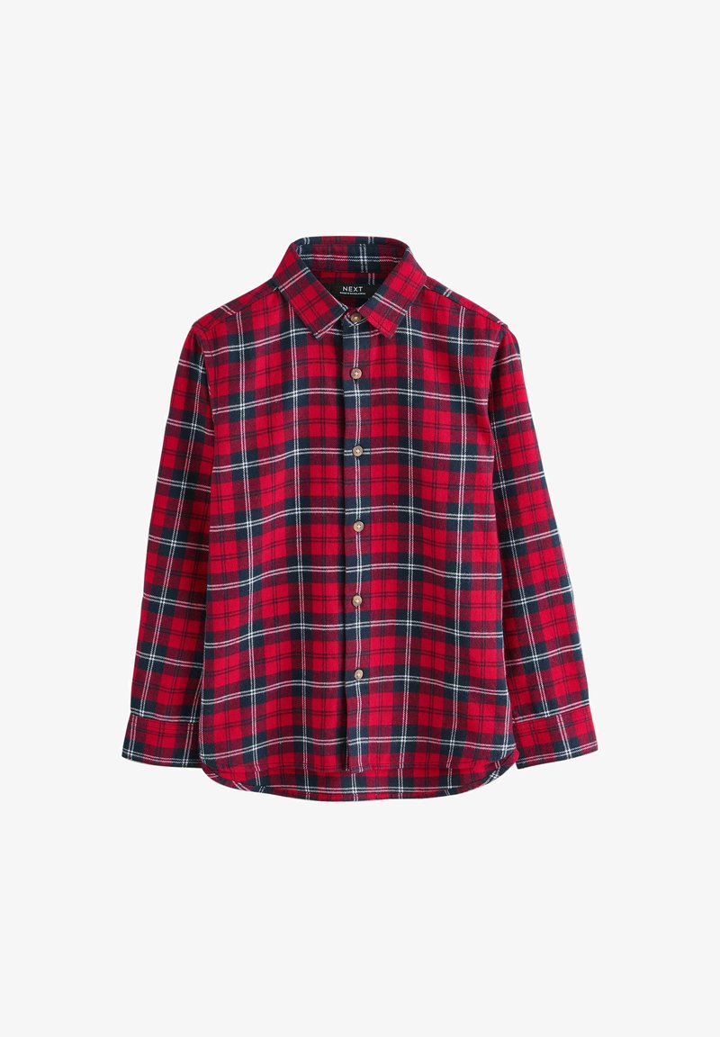 Chemise à carreaux rouge à manches longues avec motif à carreaux noir et blanc et col, présentée à plat sur un fond blanc.