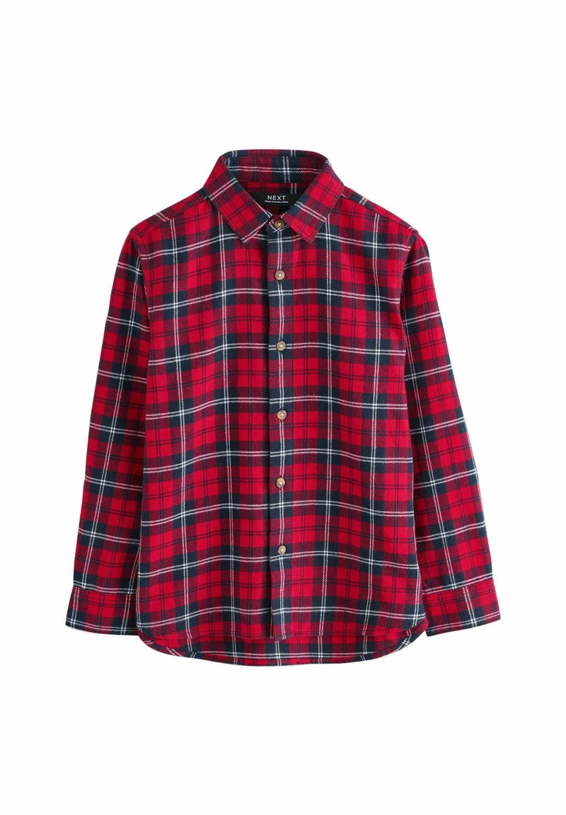 Rot- und marineblau karierte Hemd mit Knopfleiste, Kragen, langen Ärmeln und abgerundetem Saum. Hergestellt aus weichem Stoff mit einem karierter Muster.
