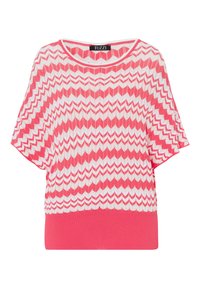 Gebreide top met korte mouwen, versierd met een roze en witte zigzagprint, ribbelzoom en een ronde halslijn. Lichtgewicht, ademende stof.
