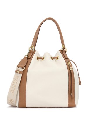 Sac seau en cuir beige et marron avec poignée supérieure, bandoulière réglable avec texte "kazar" et poche latérale zippée avec garnitures dorées.