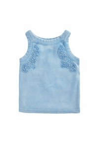 Hellblaues, geripptes Trägertop mit floralem Stickereidetails in einem dunkleren Blau an beiden Seiten. Glatte Textur mit Rundhalsausschnitt.