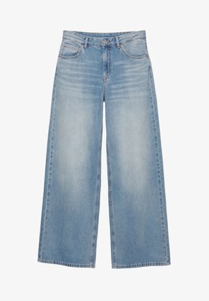 Jasnoniebieskie dzwony z jeansu z przednimi kieszeniami, szlufkami na pasek, zapięciem na guzik oraz subtelnym przetarciem na udach i kolanach.