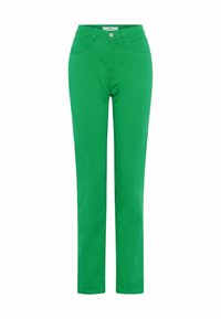 Pantalons en coton mélangé vert avec une coupe droite, dotés de cinq poches et d'une fermeture à bouton à la taille. Texture lisse et couleur unie.