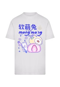 White t-shirt featuring cartoon-style graphics of food items, including a pink pastry, a fork, and stylized text in blue and purple.