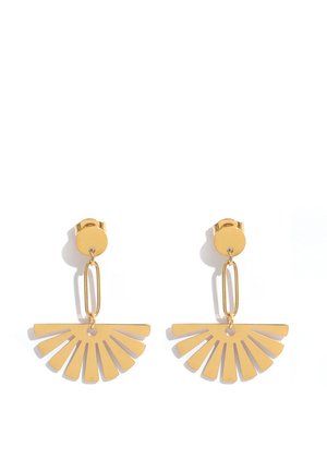 Goldmetal-Ohrhänger mit runden Steckern, länglichen Gliedern und fächerförmigen Anhängern mit ausgeschnittenen Segmenten.