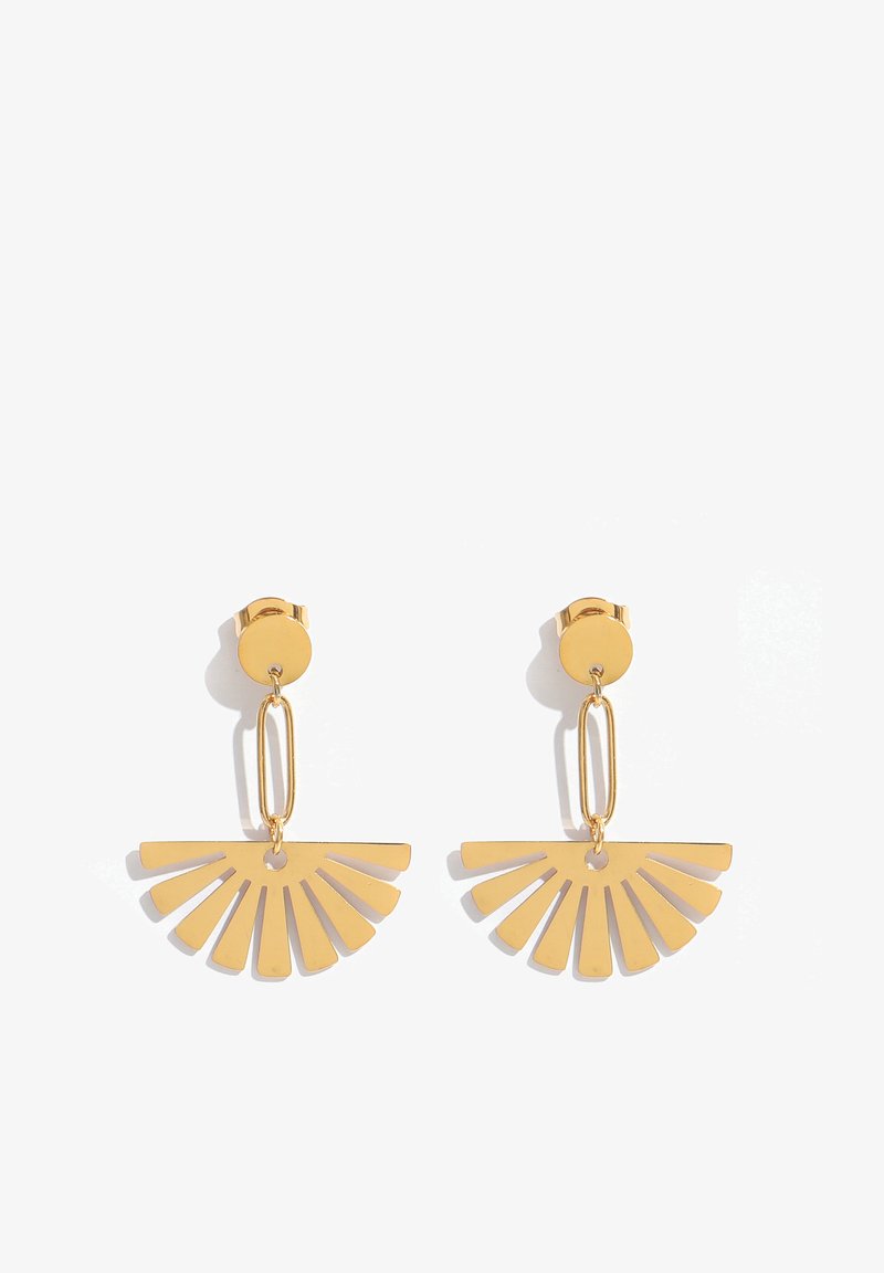 Gold metal drop earrings with circular studs, elongated links, and fan-shaped pendants featuring cut-out segments.