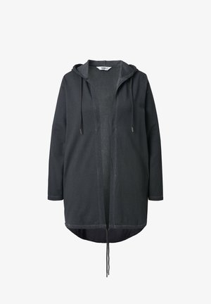 Giacca leggera nera con cappuccio, maniche lunghe, apertura frontale, orlo con coulisse e texture interna a contrasto.