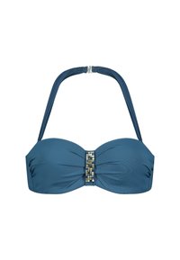Modrý bandeau bikini top vyrobený z hladkého materiálu s řaseným středem a dekorativním čtvercovým korálkem. Nastavitelné ramínka za krk.